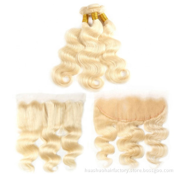 Unprocessed Raw Virgin Indian Human Hair Body Wave 613# Blonde Bundles With Lace Frontals